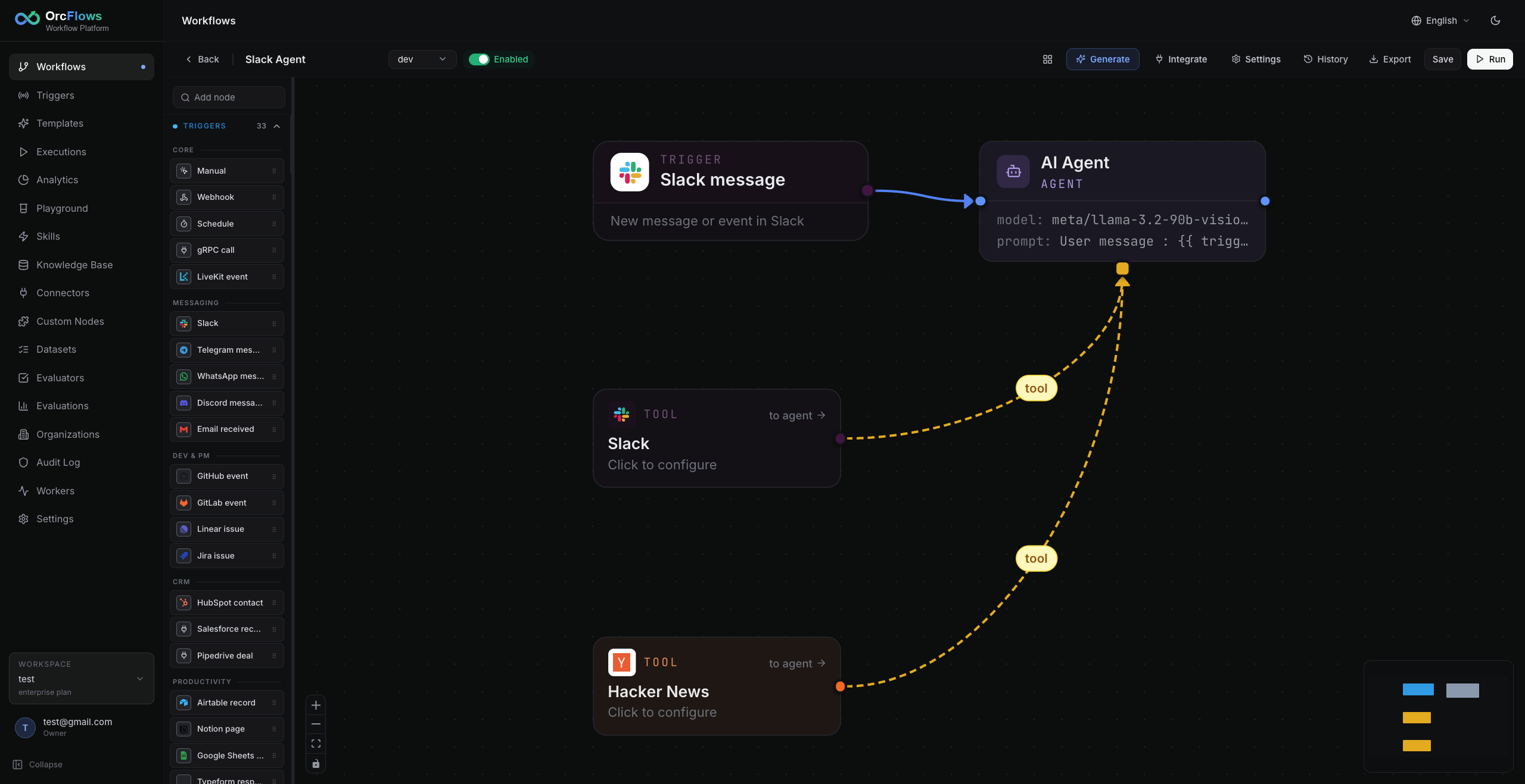 OrcFlows visual workflow canvas