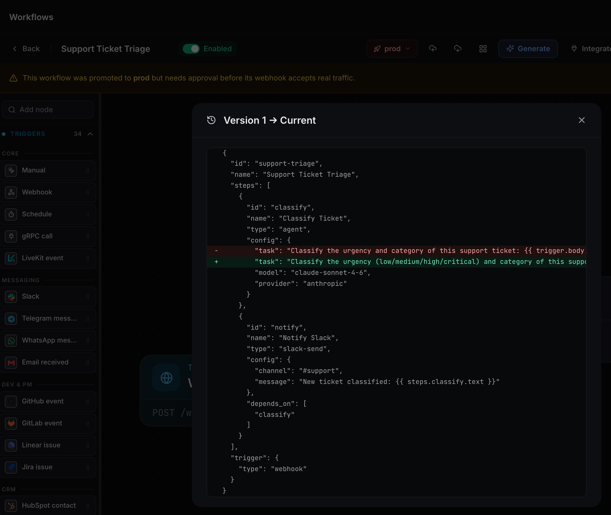OrcFlows version diff modal showing a line-level change, with a prod promotion pending approval