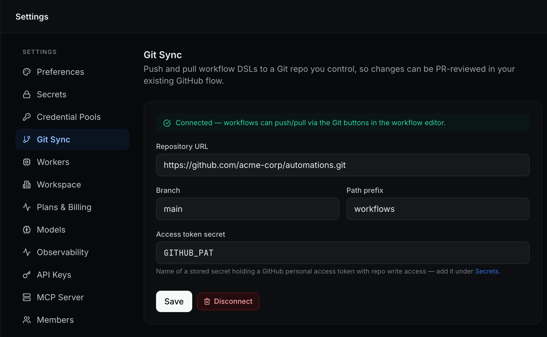 OrcFlows Git Sync settings connected to a GitHub repository, pushing and pulling workflow definitions