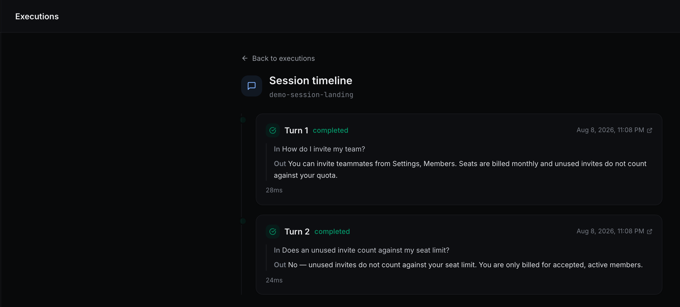 OrcFlows session timeline grouping every turn of a chat conversation with input/output previews and latency