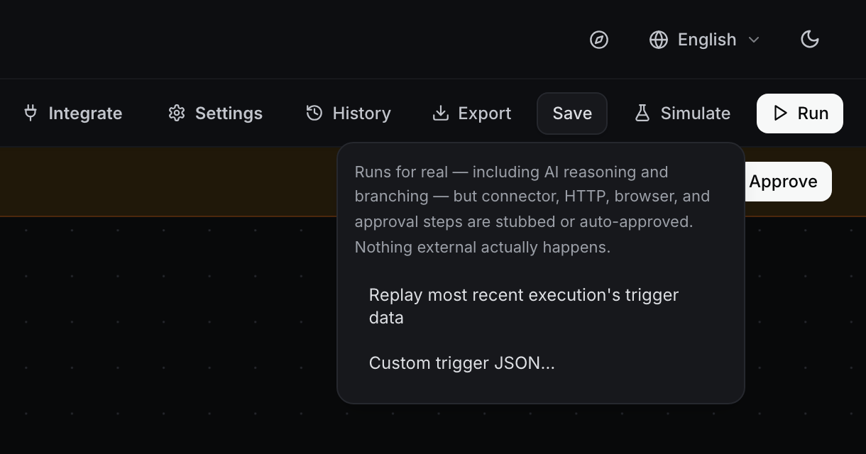 OrcFlows Simulate menu — replay the last execution or a custom trigger payload with connectors stubbed